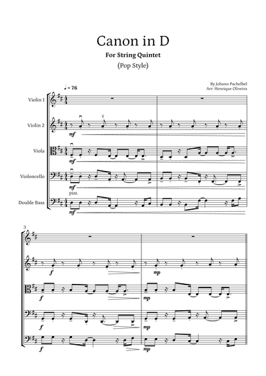 Canon in D (Pop Style) - For String Quintet (arr. Henrique Oliveira)
