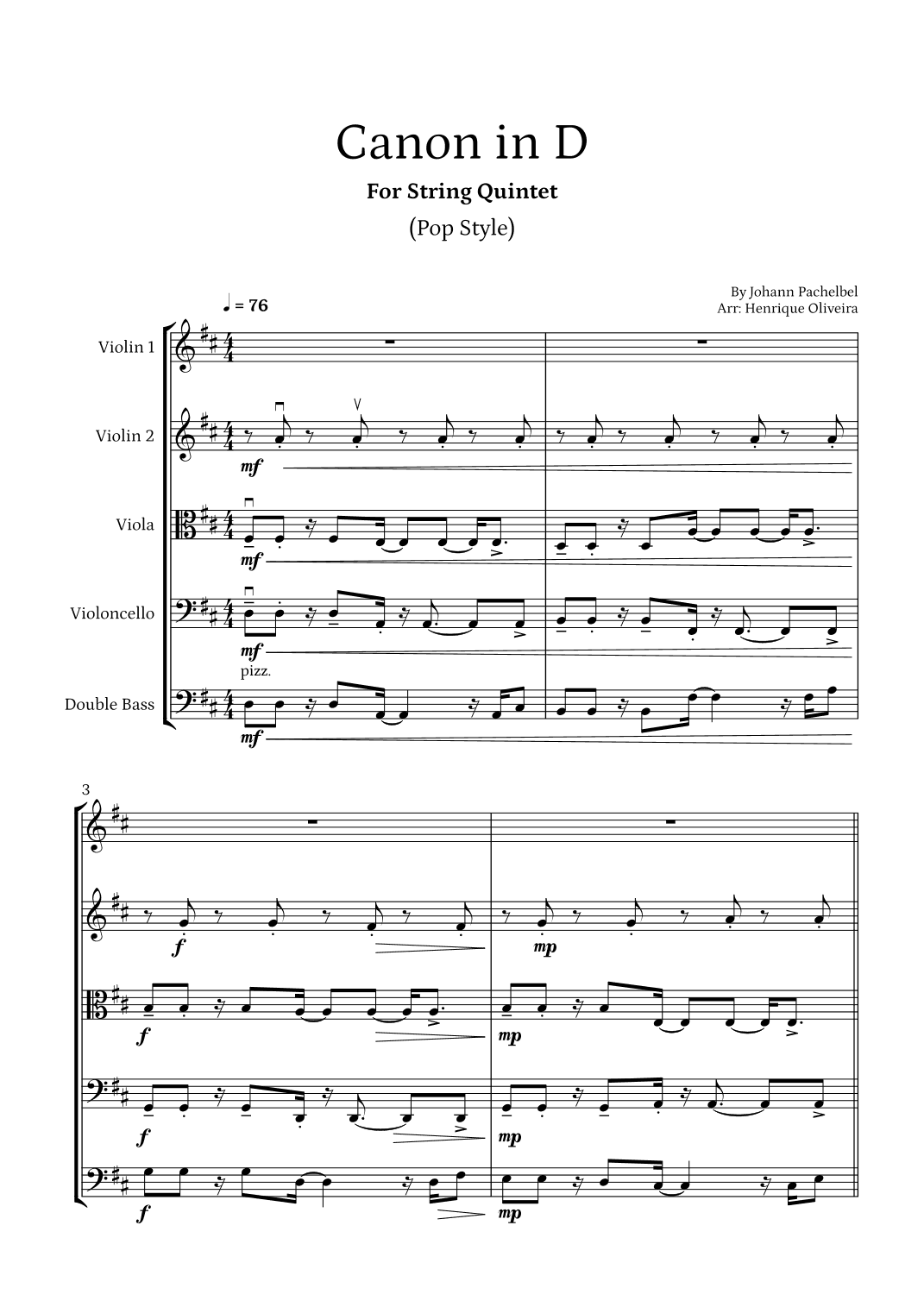Canon in D (Pop Style) - For String Quintet (arr. Henrique Oliveira)