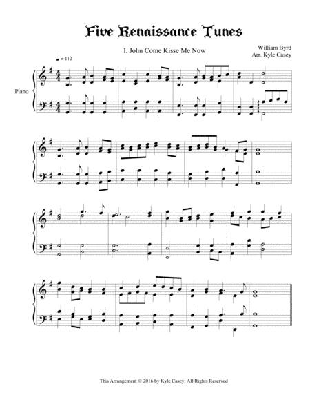 Five Renaissance Songs for Intermediate Piano (arr. Kyle Casey)