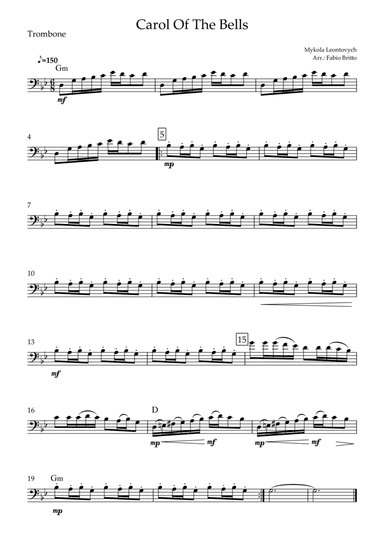 Carol Of The Bells (Mykola Leontovych) for Trombone Solo with Chords (arr. Fabio Britto)