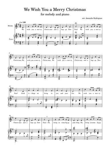 We Wish You a Merry Christimas - Easy Melody with Piano Accompaniment (arr. Amanda Rodrigues)