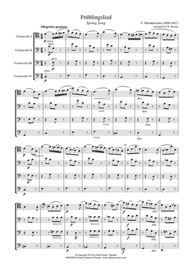 Fruhlingslied, Lieder ohne Worte Op. 62, Spring Song for cello quartet (arr. Amadeus Music)