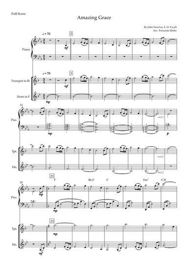 Amazing Grace for Trumpet & Horn in F Duo and Piano Accompaniment with Chords (arr. Fernando Britto)