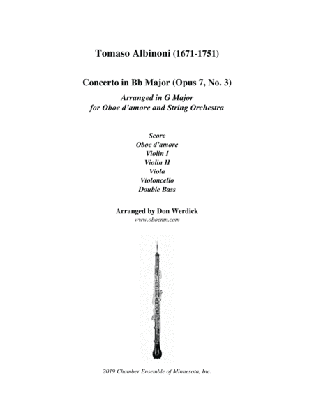 Concerto for Oboe d’amore in G Major, Op. 7 No. 3 and String Orchestra (arr. Don Werdick (1946 - ))