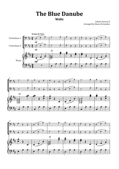 The Blue Danube - Double Bass Duet with Piano and Chord Notations (arr. Glauco Fernandes)