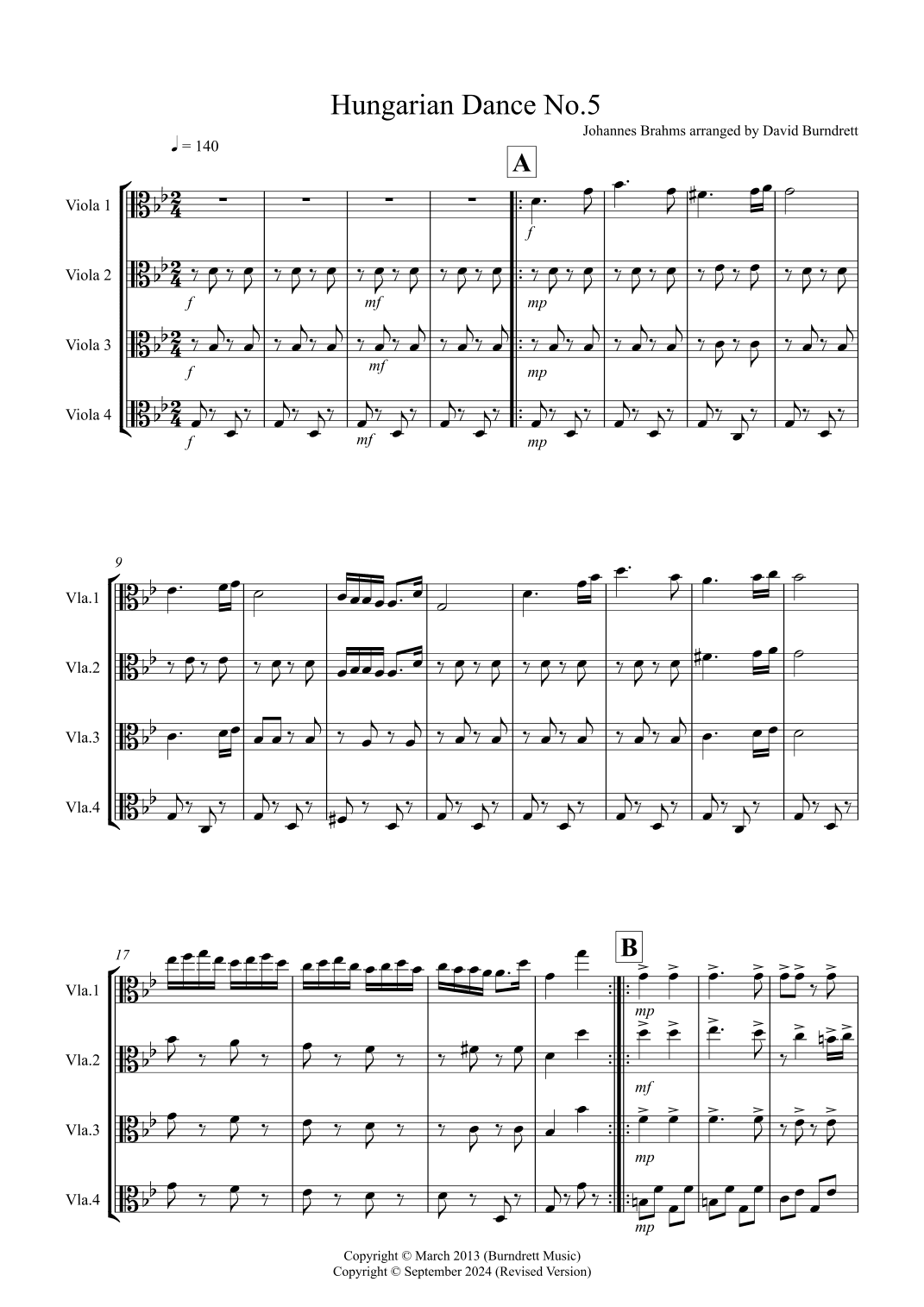 Hungarian Dance No.5 for Viola Quartet (arr. David Burndrett)