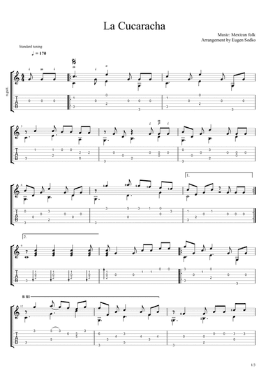 La Cucaracha - Mexican folk song for guitar, notes & tabs (arr. Eugen Sedko)