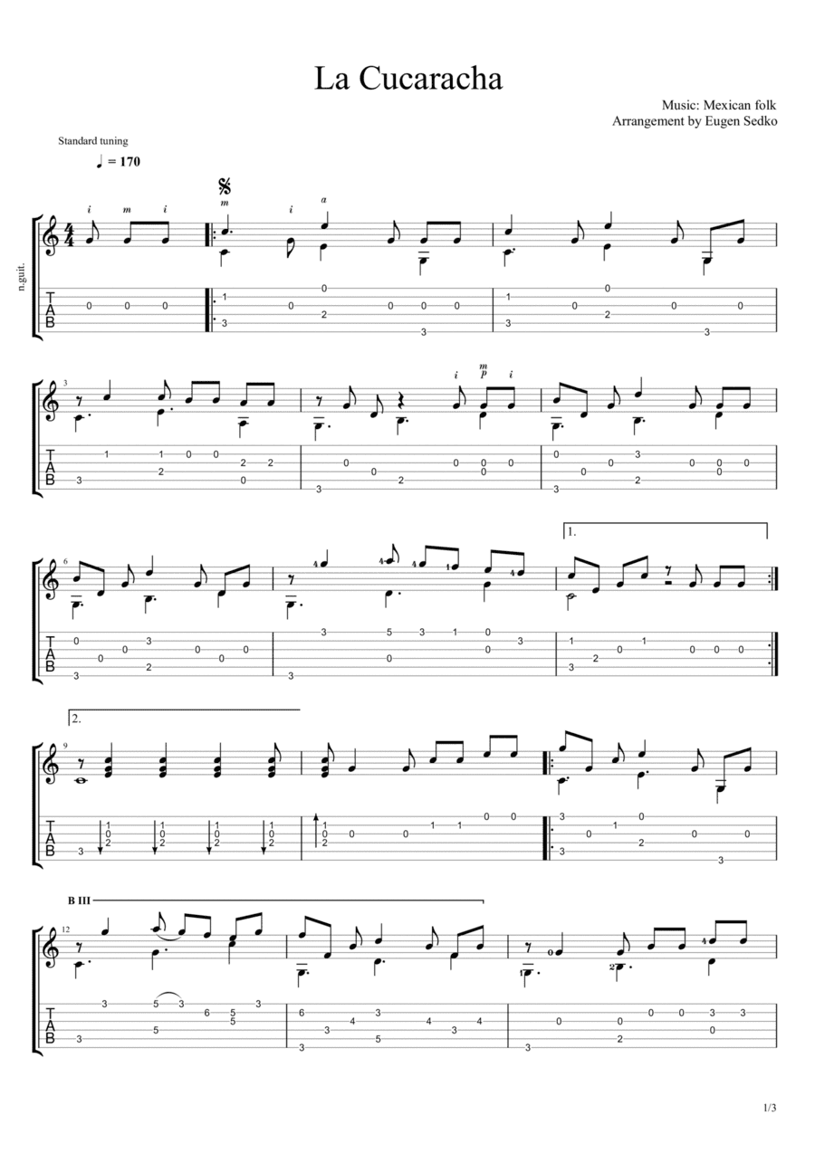 La Cucaracha - Mexican folk song for guitar, notes & tabs (arr. Eugen Sedko)
