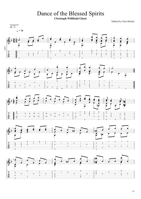 Orfeo ed Eurydice, Act III, no. 29, Dance of the Blessed Spirits (Solo Fingerstyle Guitar Tab) (arr. Chris Richter)