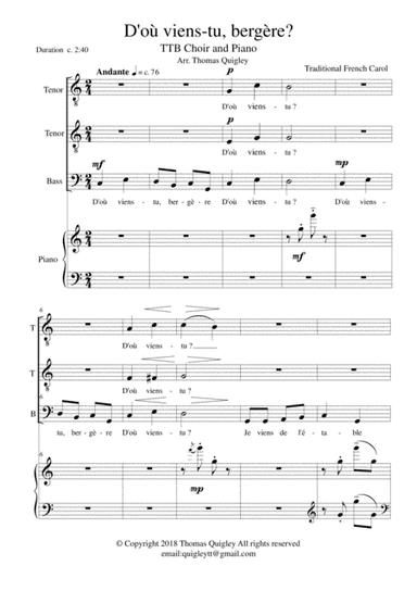 D'où viens-tu bergère? (arr. Thomas Quigley)