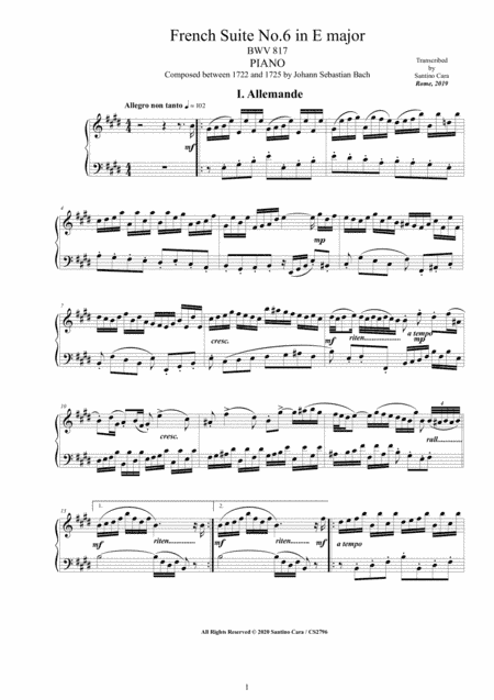 Bach - French Suite No.6 in E major BWV 817 for Piano (arr. Santino Cara)