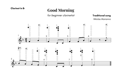 Good Morning for beginner clarinetist with finger chart (arr. Nikolas Marianno)