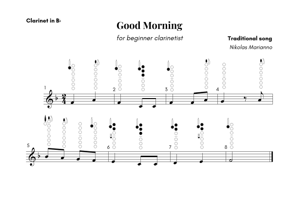 Good Morning for beginner clarinetist with finger chart (arr. Nikolas Marianno)
