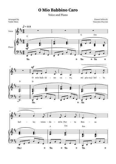 O Mio Babbino Caro - Female Voice in D Major (with chords) (arr. Valdir Maia)