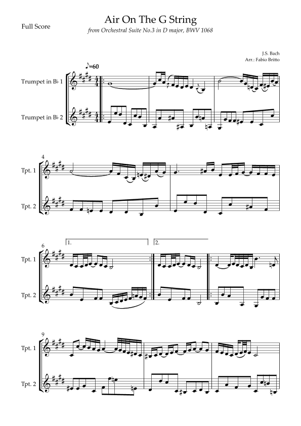 Air On The G String (J.S. Bach) for Trumpet in Bb F Duo (arr. Fabio Britto)