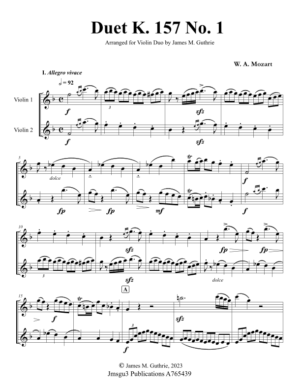 Mozart: Duet K. 157 No. 1 for Violin Duo (arr. James M. Guthrie)