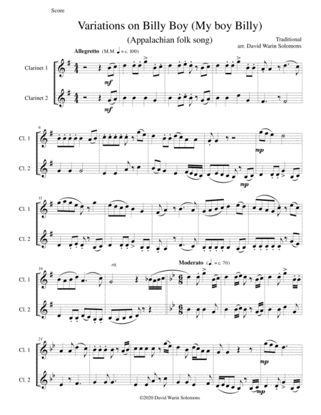 Variations on Billy Boy (My boy Billy) for 2 clarinets (arr. David Warin Solomons)