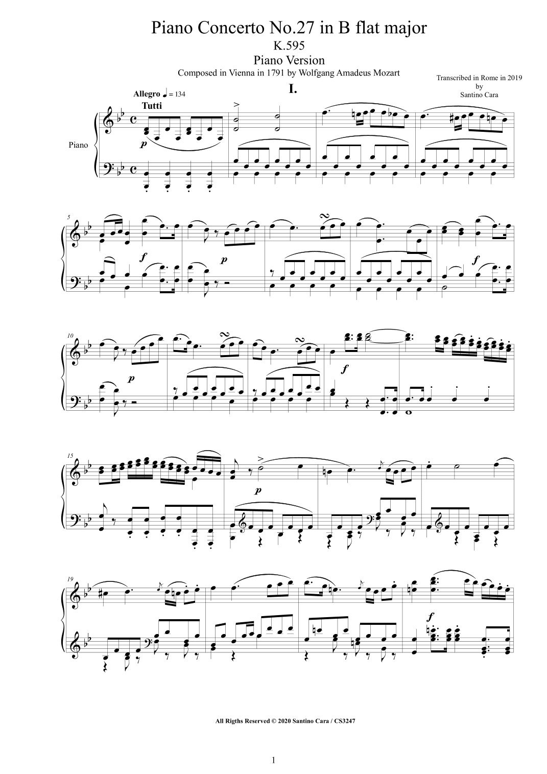 Mozart - Piano Concerto No.27 in B flat major K.595 - Piano Version (arr. Santino Cara)