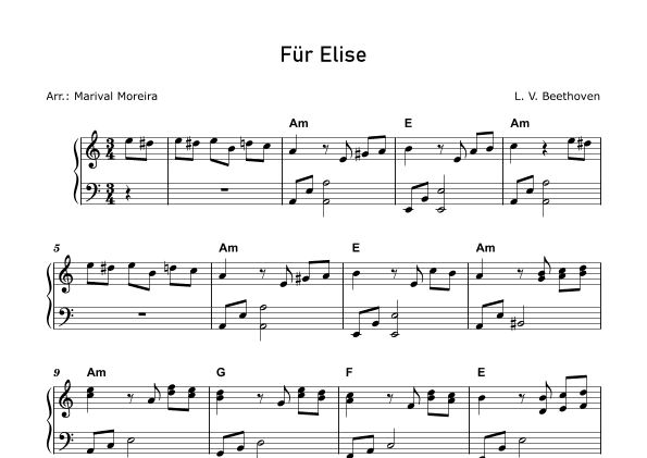 Fur Elise - Beethoven - Intermediate piano (Score and Chords) (arr. Marival Moreira)