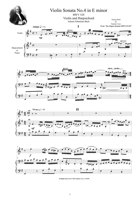 Bach - Violin Sonata No.4 in E minor BWV 528 for Violin and Harpsichord (or Piano) (arr. Santino Cara)