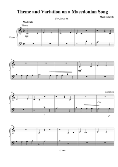 Theme and Variation on a Macedonian Song: 5 finger piano (arr. Meri Dolevski)