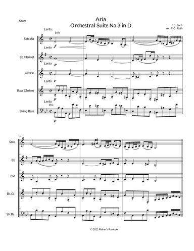 Bach 1730 BWV 1068 Suite No 3 in D II Air for Clarinet quartet with optional string bass (arr. R G Roth)