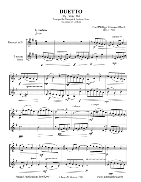CPE Bach: Duetto Wq. 140 for Trumpet & Baritone Horn (arr. James M. Guthrie, ASCAP)