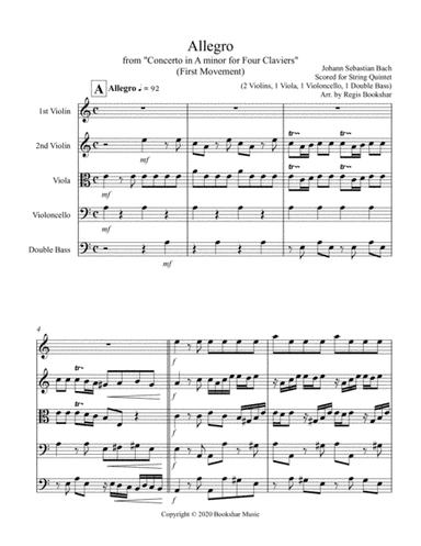 Allegro (from "Concerto for Four Claviers") (A min) (String Quintet - 2 Violins, 1 Viola, 1 Cello, 1 (arr. Regis Bookshar)