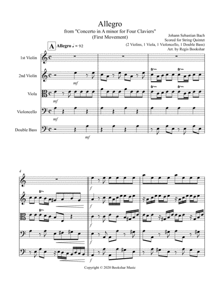 Allegro (from "Concerto for Four Claviers") (A min) (String Quintet - 2 Violins, 1 Viola, 1 Cello, 1 (arr. Regis Bookshar)