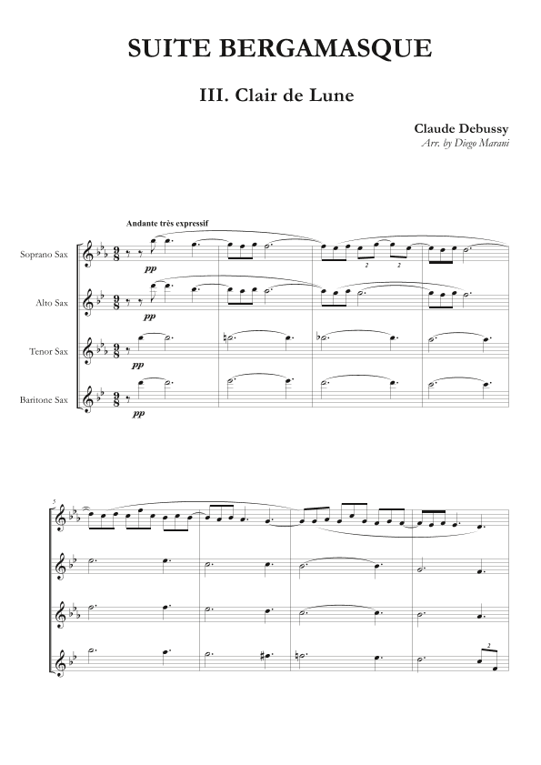 Clair de Lune from "Suite Bergamasque" for Saxophone Quartet (arr. Diego Marani)