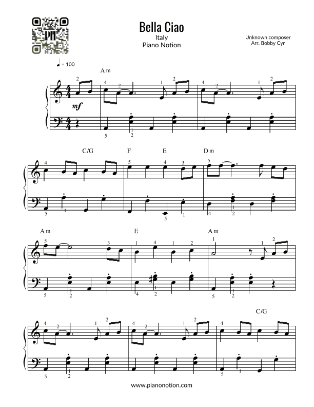 Bella Ciao - Money Heist - La Casa de papel (Easy Piano) (arr. Bobby Cyr)