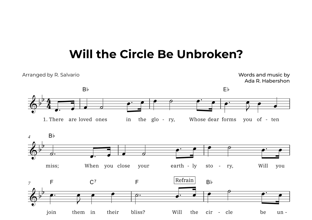 Will the Circle Be Unbroken (Key of B-Flat Major) (arr. R. Salvario)