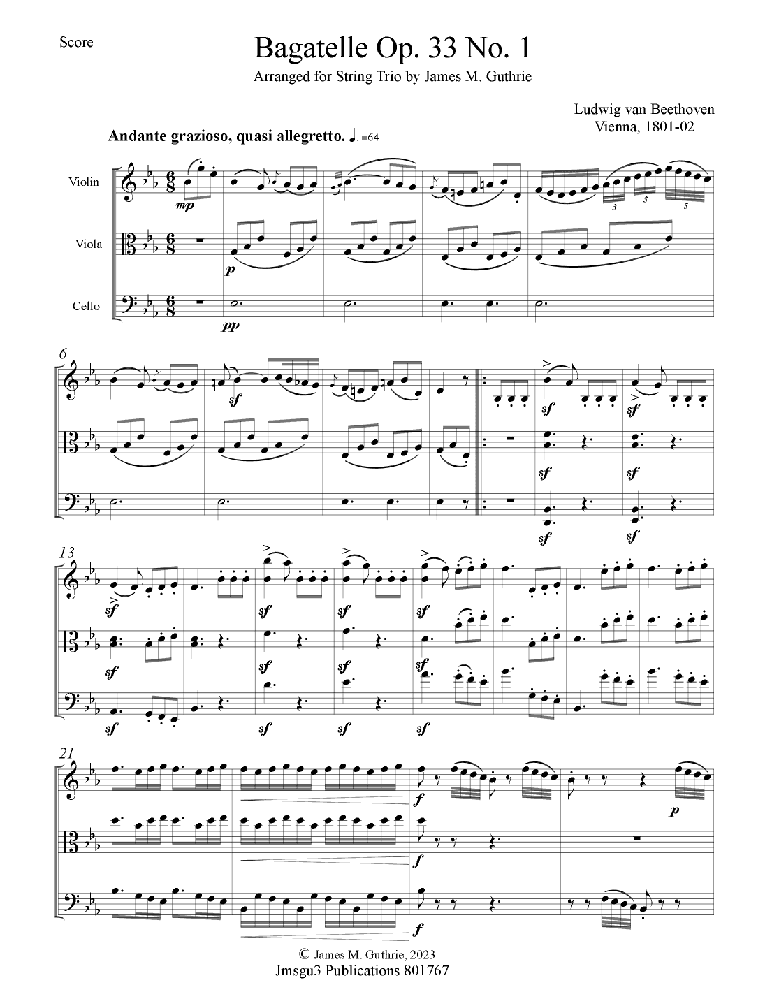 Beethoven: Seven Bagatelles Op. 33 Complete for String Trio (arr. James M. Guthrie, ASCAP)