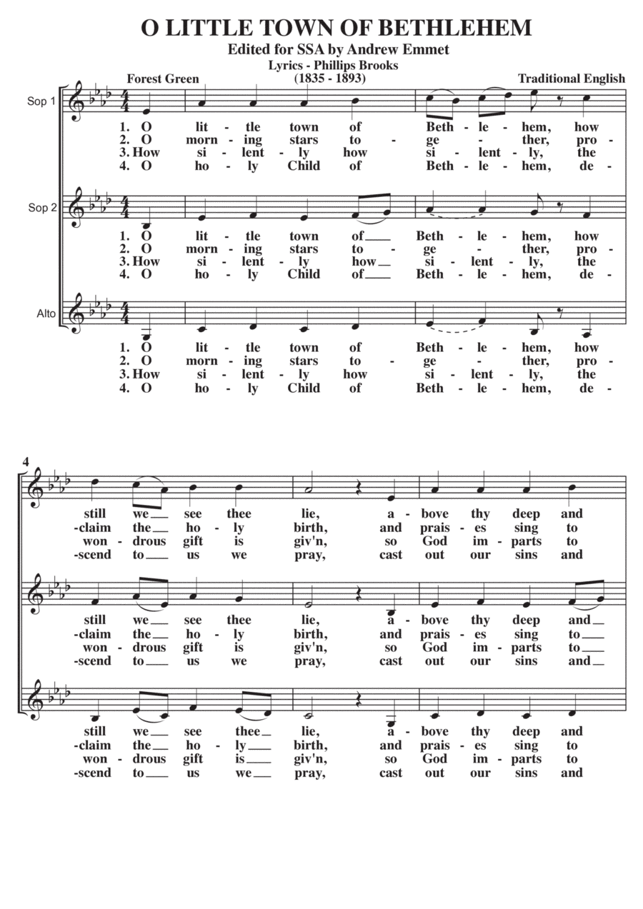 O Little Town Of Bethlehem (Forest Green) A Cappella SSA (arr. Edited by Andrew Emmet)