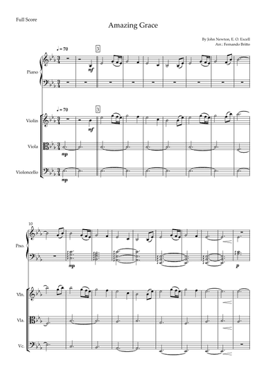 Amazing Grace (John Newton, E. O. Excell) for String Trio and and Piano Accompaniment with Chords (arr. Fernando Britto)