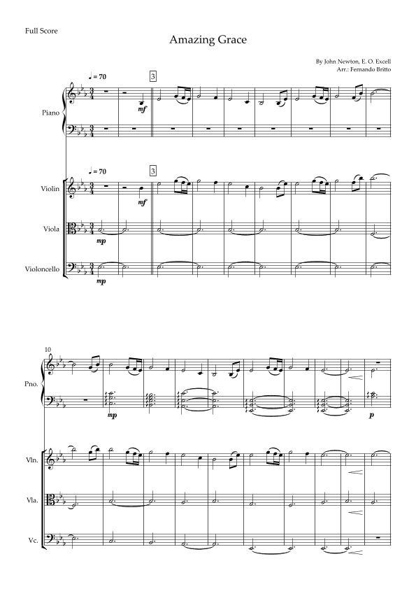 Amazing Grace (John Newton, E. O. Excell) for String Trio and and Piano Accompaniment with Chords (arr. Fernando Britto)