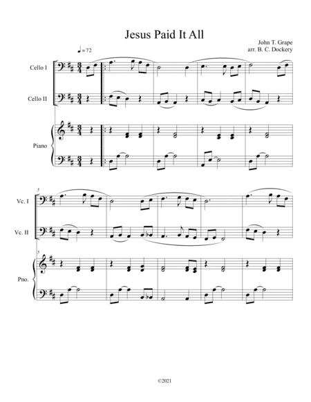 Jesus Paid It All (cello duet) with optional piano accompaniment (arr. B. C. Dockery)