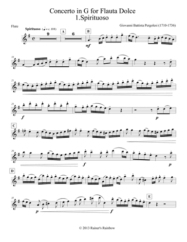 Pergolesi 1750 posth Flute Concerto in G Parts for Solo, strings, & keyboard (arr. R G Roth)