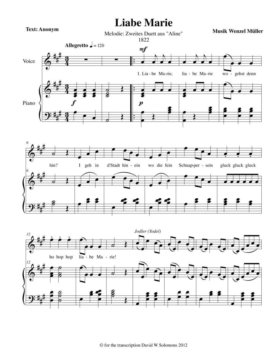 Liabe Marie for soprano or tenor and piano (arr. David Warin Solomons)