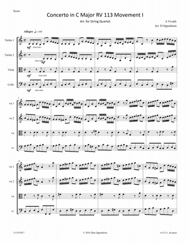 Vivaldi: Concerto for strings in C major RV 113 Movement I arranged for String Quartet (arr. D Oppenheim)