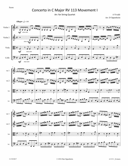 Vivaldi: Concerto for strings in C major RV 113 Movement I arranged for String Quartet (arr. D Oppenheim)