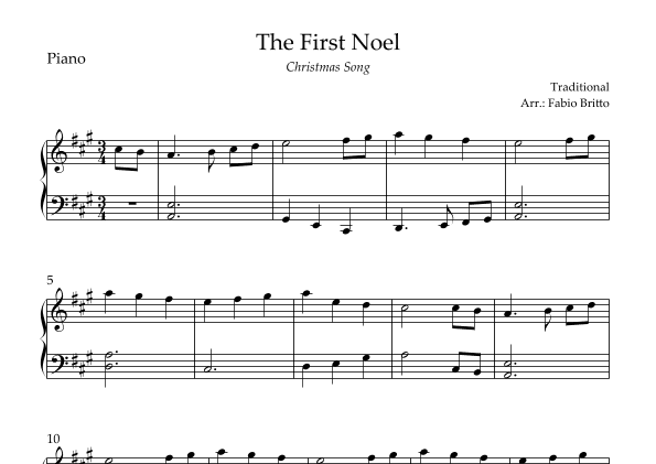 The First Noel (Christmas Song) for Easy Piano Solo in A Major (arr. Fabio Britto)
