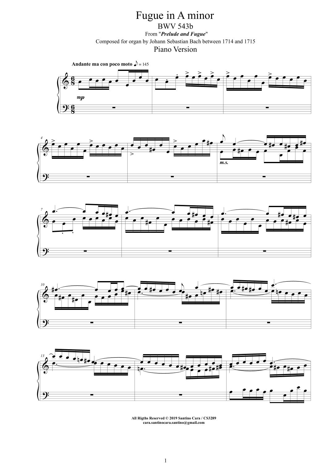 Bach - Fugue in A minor BWV 543b - Piano version (arr. Santino Cara)