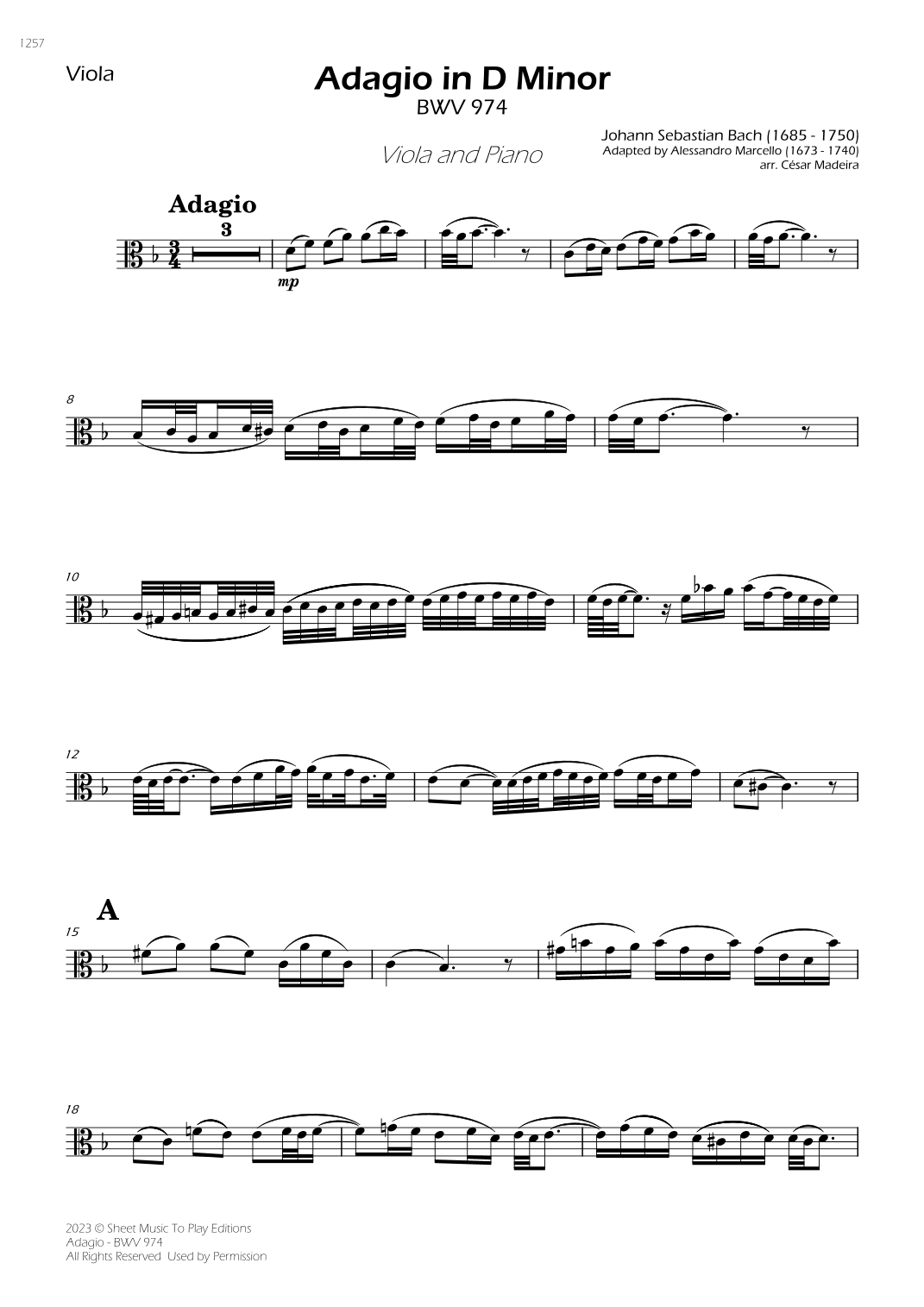 Adagio (BWV 974) - Viola and Piano (Individual Parts) (arr. César Madeira)