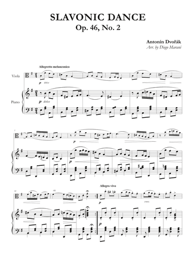 Slavonic Dance Op. 46 No. 2 for Viola and Piano (arr. Diego Marani)