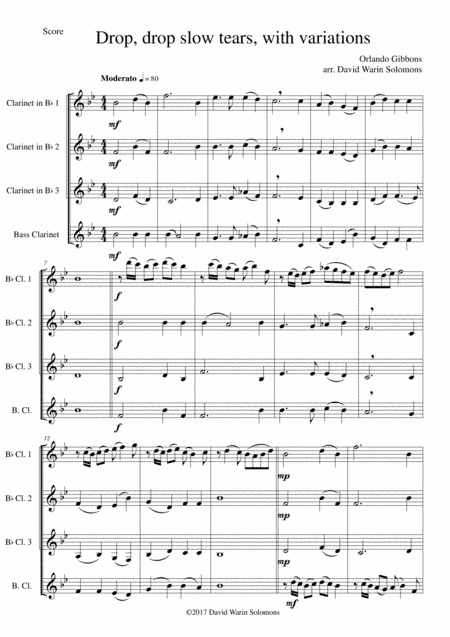 Drop, drop slow tears, with variations, for clarinet quartet (arr. David Warin Solomons)