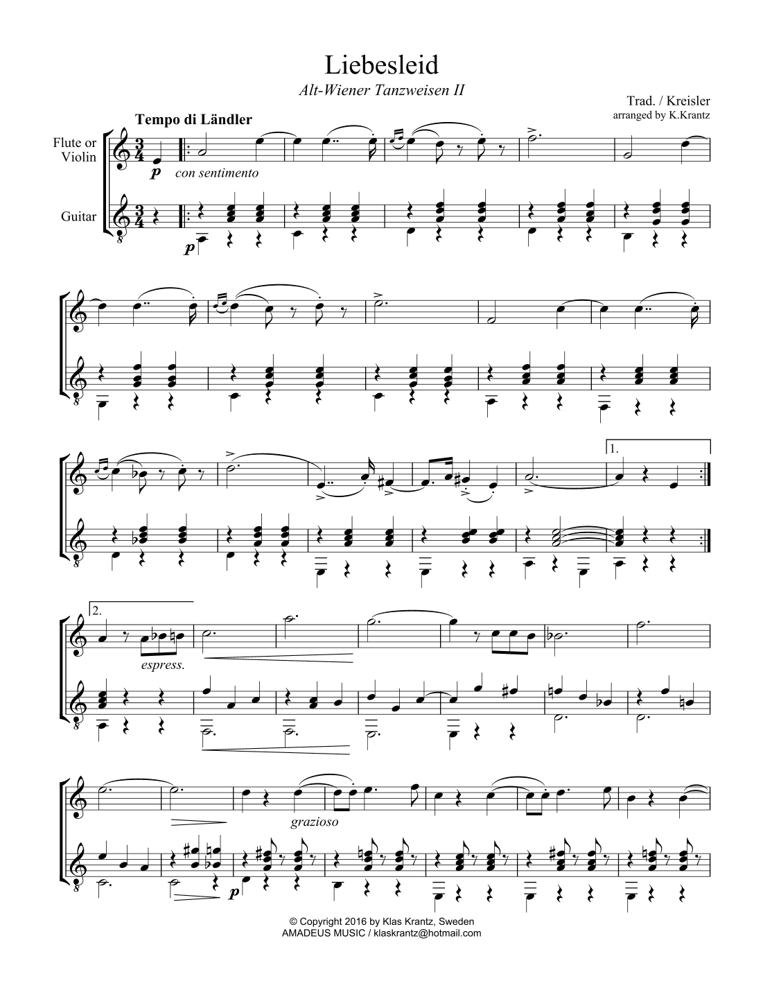 Liebesleid for flute or violin and guitar (arr. K. Krantz)