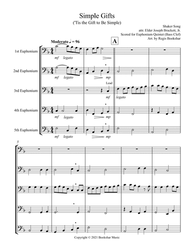 Simple Gifts ('Tis the Gift to Be Simple) (F) (Euphonium Quintet - Bass Clef) (arr. Regis Bookshar)