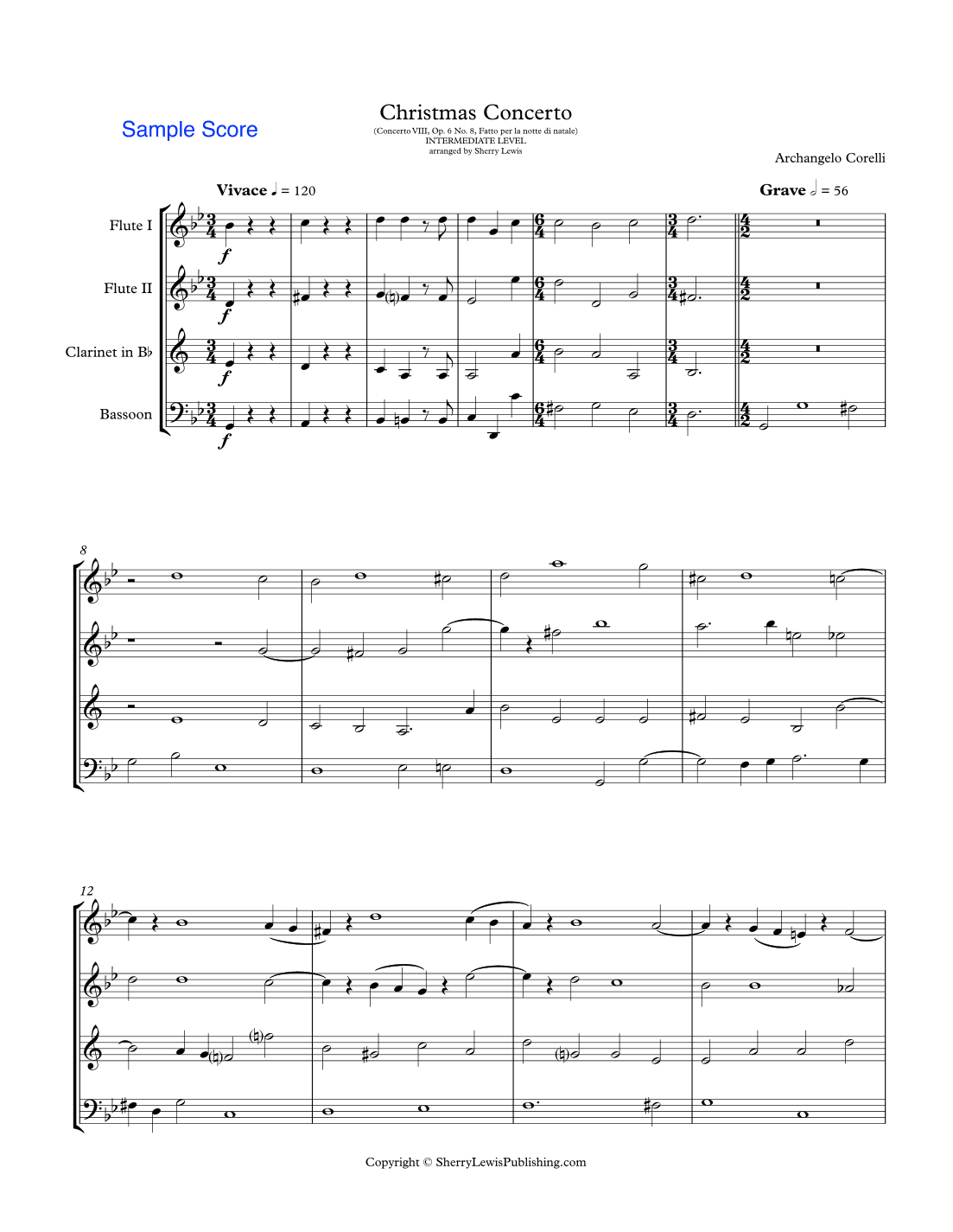 CHRISTMAS CONCERTO - WOODWIND QUARTET - Adagio and Allegro Movements,  Concerto VIII Op. 6 No. 8, Fa (arr. Sherry Lewis)