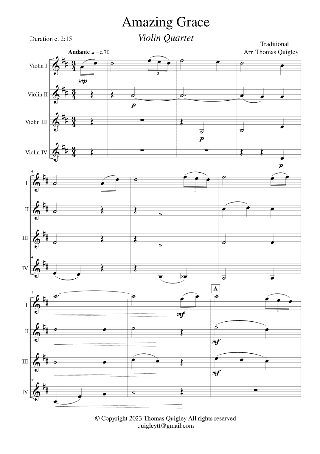 Amazing Grace (Violin Quartet) (arr. Thomas Quigley)